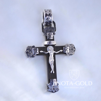 Малый золотой крест с распятием из дерева Эбен и белого золота с чернением (Вес 11 гр.)