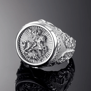 Платиновое мужское кольцо печатка Св. Георгий Победоносец с девизами (Вес 25,6 гр.)