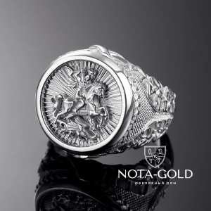 Платиновое мужское кольцо печатка Св. Георгий Победоносец с девизами (Вес 25,6 гр.)