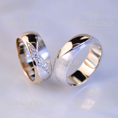 Обручальные кольца из двух видов золота с бриллиантами в женском кольце (Вес пары 14 гр.)