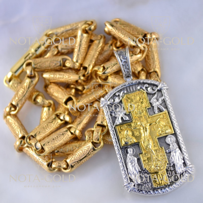 Серебряный православный жетон-иконка на цепочке плетение Узоры с позолотой (Вес: 60 гр.)