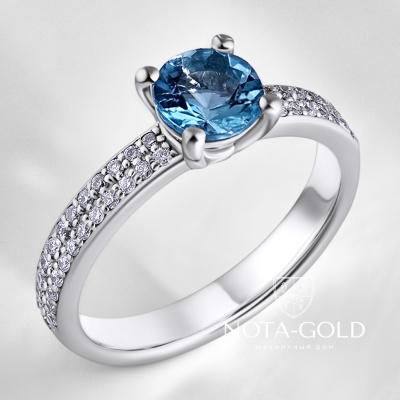 Кольцо из белого золота с аквамарином и россыпью мелких бриллиантов (Вес: 3 гр.)