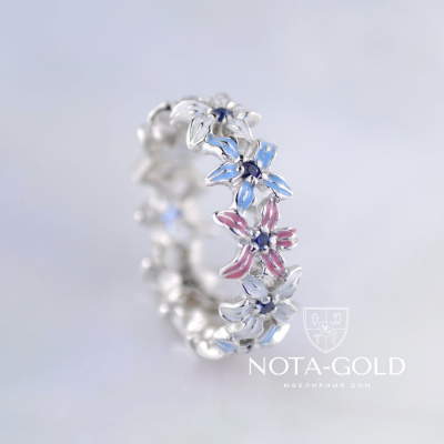 Женское золотое кольцо с цветами, сапфирами и эмалью (Вес: 4,5 гр.)