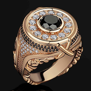 Золотая печатка-перстень с большим чёрным бриллиантом и россыпью бриллиантов вокруг (Вес: 27 гр.)