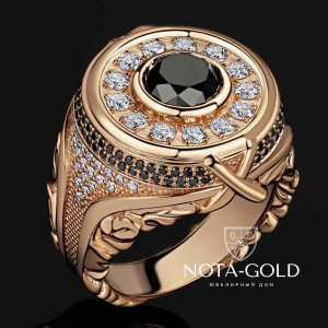 Золотая печатка-перстень с большим чёрным бриллиантом и россыпью бриллиантов вокруг (Вес: 27 гр.)