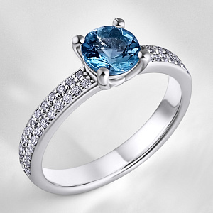 Кольцо из белого золота с аквамарином и россыпью мелких бриллиантов (Вес: 3 гр.)