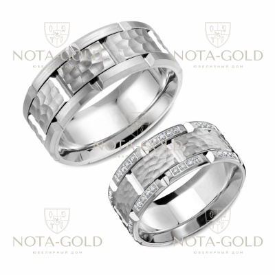 Широкие обручальные кольца браслеты из белого золота с бриллиантами (Вес пары: 23 гр.)