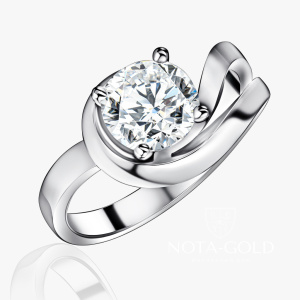 Кольцо Волна из белого золота с крупным искусственным бриллиантом (Вес 3,9 гр.)