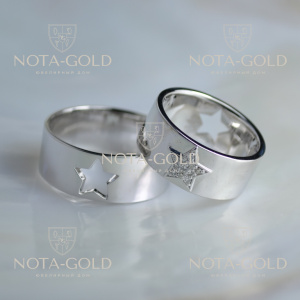 Парные обручальные кольца в виде звёзд из белого золота с бриллиантами (Вес пары: 19 гр.)