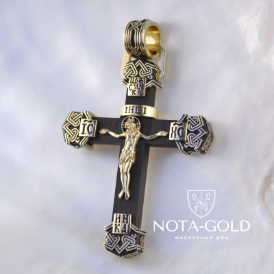 Большой мужской православный крестик из чёрного дерева и чернёного серебра с позолотой (Вес: 16 гр.)