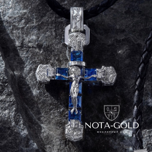 Православный нательный крест из белого золота с квадратными сапфирами (Вес 9,5 гр.)