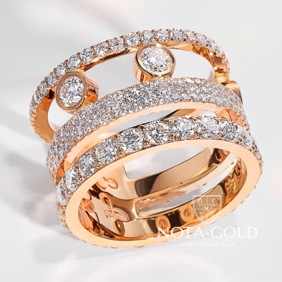 Широкое женское кольцо из красного золота с дорожками бриллиантов (Вес 11 гр.)