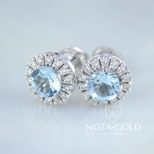 Серьги пусеты с топазами и бриллиантами из белого золота на винтовой закрутке (Вес: 5,5 гр.)