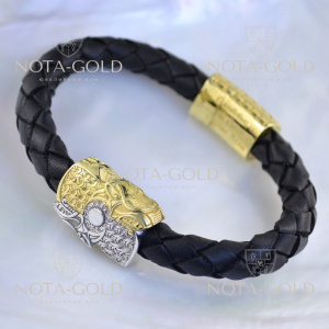 Толстый кожаный мужской браслет в подарок с гравировкой и драконами из жёлтого и белого золота (Вес: 38 гр.)