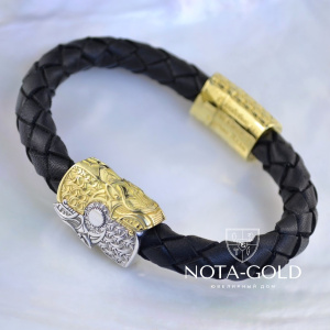 Толстый кожаный мужской браслет в подарок с гравировкой и драконами из жёлтого и белого золота (Вес: 38 гр.)