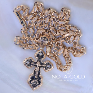 Эксклюзивный мужской крест из золота с бриллиантами и эмалью на цепочке плетение Краб Средний (Вес: 98,5 гр.)