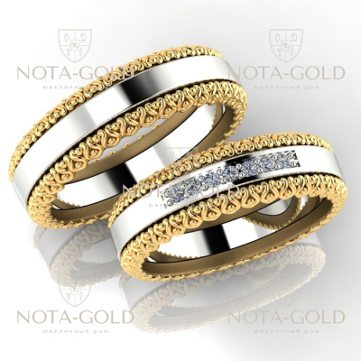 Двухсплавные обручальные кольца из жёлтого и белого золота с бриллиантами (Вес пары:13 гр.)