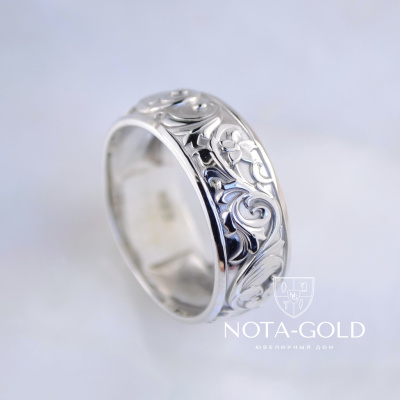 Широкое кольцо из белого золота с цветочным узором на заказ (Вес: 6,5 гр.)