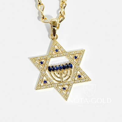 Подвеска Звезда Давида, Менора с бриллиантами и сапфирами (Вес 5 гр.)
