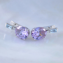 Женские золотые серьги из белого золота с аметистами огранки сердце и топазами (Вес: 8 гр.)