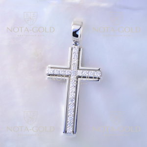 Большой женский крестик из белого золота с бриллиантами и гравировкой (Вес 10 гр.)