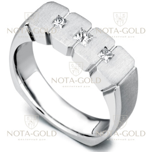 Мужское кольцо из белого золота с тремя бриллиантами принцесса (Вес: 14 гр.)