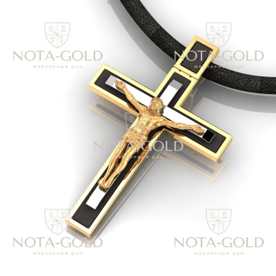 Эксклюзивный золотой крест из жёлто-белого золота с распятием и чёрной эмалью (Вес: 15 гр.)