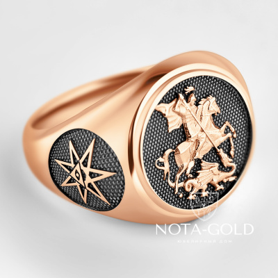 Кольцо-перстень Георгий Победоносец с семиконечной звездой из красного золота (Вес: 24 гр.)