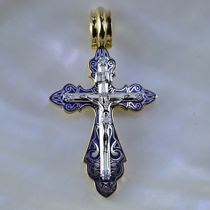 Большой православный нательный крест с эмалью и бриллиантами (Вес 25 гр.)