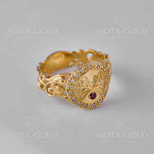 Ажурное женское кольцо из желтого золота с бабочкой, рубином и бриллиантами (Вес 7,2 гр.)
