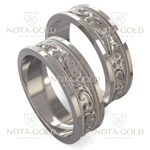 Широкие обручальные кольца с растительным орнаментом из белого золота на заказ (Вес пары: 20 гр.)