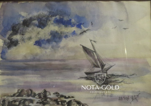 Картина акварелью на бумаге - Корабль в море 30x21 см