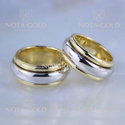 Вращающиеся подвижные обручальные кольца бублики из белого и красного золота (Вес пары: 30 гр.)