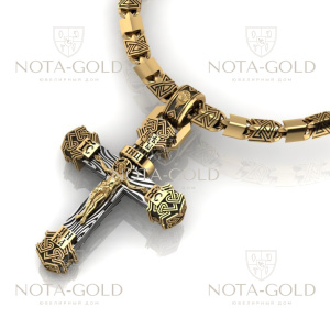 Нательный православный мужской крестик с чернёным узором из двухцветного белого и жёлтого золота (Вес: 32 гр.)