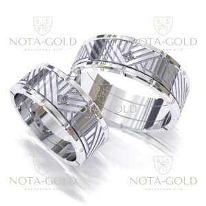 Парные обручальные кольца Диагональ из белого золота с бриллиантами на заказ (Вес пары 16,5 гр.)