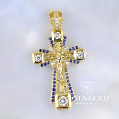 Нательный серебряный крест ручной работы с позолотой, распятием, бриллиантами и сапфирами (Вес 6 гр.)