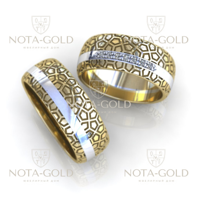 Обручальные кольца Золотое сечение в жёлто-белом золоте с бриллиантами (Вес пары 16,3 гр.)