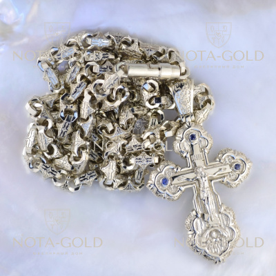 Православный крест из белого золота с сапфирами на цепочке плетение Краб Средний (Вес: 125 гр.)