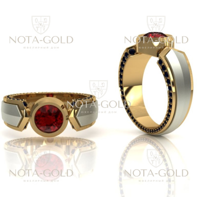 Мужское двухцветное кольцо с рубином, сапфирами и бриллиантами (Вес: 16 гр.)