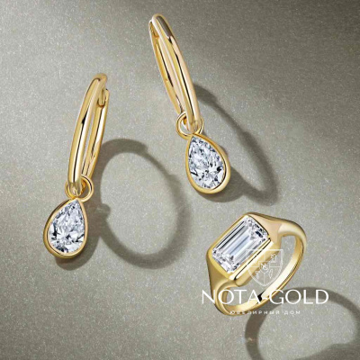 Женский ювелирный комплект серьги и кольцо из желтого золота с лабораторными бриллиантами огранки Багет и Груша (Вес 9,6 гр.)