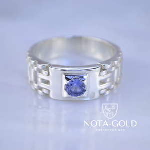 Мужское кольцо печатка из платины с сапфиром (Вес: 23 гр.)