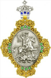 Иконка Георгий Победоносец из золота и изумрудами и топазами на заказ (Вес 7,98 гр.)