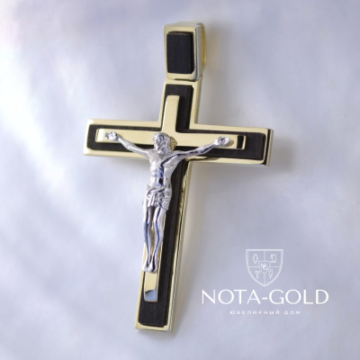 Православный крест с распятием из жёлто-белого золота и дерева Эбен (Вес 11 гр.)