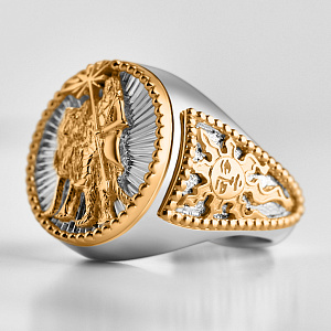 Мужская печатка всадник на волке из двух видов золота с гравировкой (Вес 19,4 гр.)