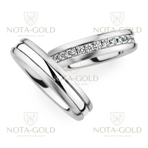 Узкие платиновые обручальные кольца с дорожкой бриллиантов в женском кольце (Вес пары: 16 гр.)
