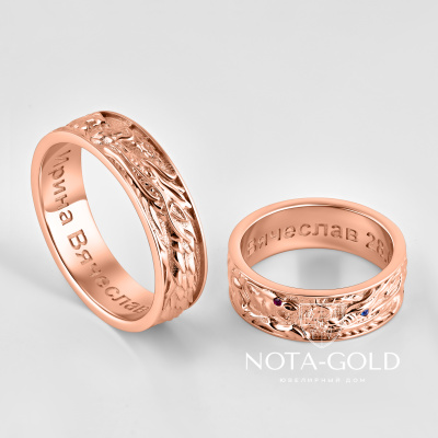 Обручальные кольца драконы из белого золота с сапфиром рубином и гравировкой (Вес пары: 18 гр.)