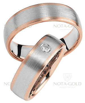 Обручальные кольца двухцветные матовые с бриллиантом на заказ (Вес пары: 14 гр.)