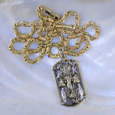 Золотая иконка с молитвой и ликами Святых на цепочке плетение Краб Средний (Вес 67 гр.)