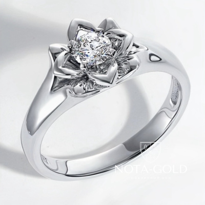 Эксклюзивное кольцо лилия из белого золота с искусственным бриллиантом 0,35 карат (Вес: 4 гр.)