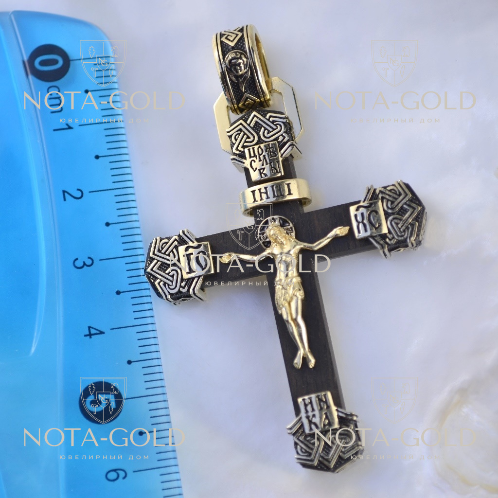 Большой мужской православный крестик из чёрного дерева и чернёного золота  (Вес: 23,5 гр.) | Купить в Москве - Nota-Gold